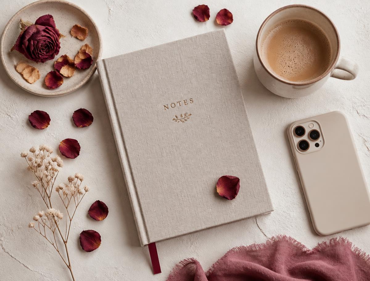 Diário, café e celular sobre uma mesa clara